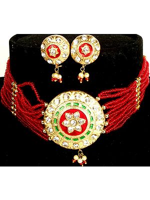 Red and Golden Solar Necklace and Earrings Set with Beads