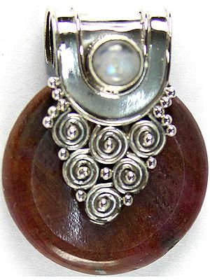Rhodonite Donut Pendant with Rainbow Moonstone