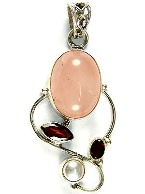 Rose Quartz Pendant with Faceted Garnet and Pearl