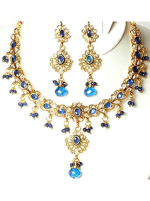 Royal Blue Polki Necklace and Earrings Set with Faux Sapphire