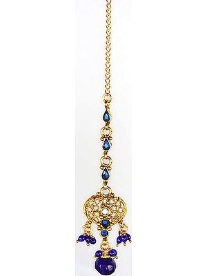 Royal-Blue Polki Forehead Tika with Cut Glass