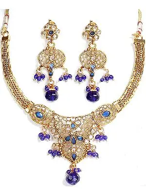 Royal-Blue Polki Necklace and Earrings Set with Filigree