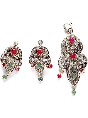 Ruby and Emerald Victorian Pendant and Earrings