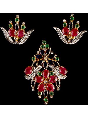 Ruby, Sapphire & Emerald Pendant & Earrings Set