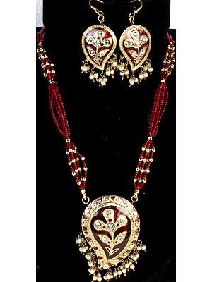 Seal-Brown Meenakari Necklace and Earrings Set with Large Paisleys