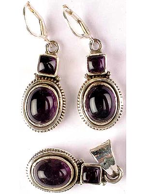 Set of Double Stone Amethyst Pendant and Earrings