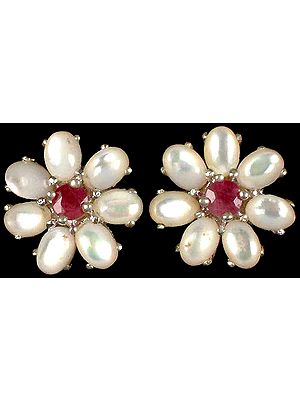 Shell Flower Earrings with Central Ruby