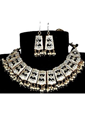 Silver and Black Beaded Necklace with Golden Accents and Earrings