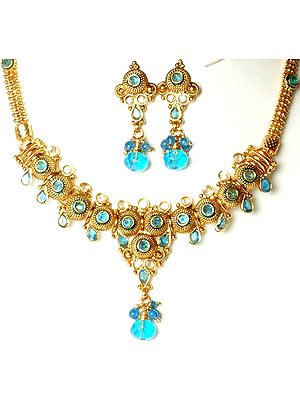 Sky-Blue Polki Necklace and Earrings Set with Cut Glass