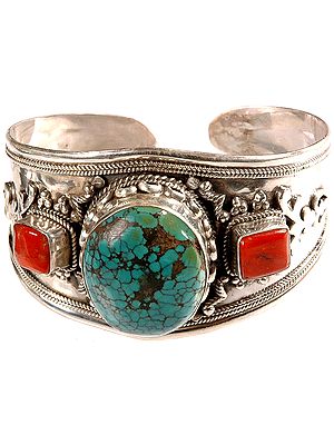 Spider's Web Turquoise Cuff Bangle with Coral