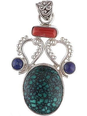 Spider's Web Turquoise Pendant with Coral and Lapis Lazuli