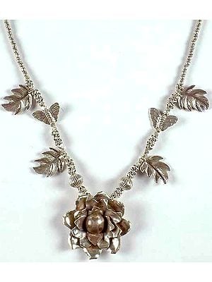 Sterling Flower Necklace With Leaves and Butterfly
