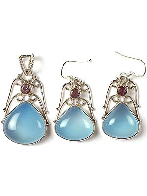 Tear Drop Blue Chalcedony Pendant & Earrings Set with Amethyst
