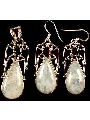 Tear Drop Rainbow Moonstone Pendant & Earrings Set with Garnet