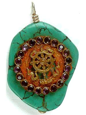 The Dharma Chakra on Turquoise (Ashtamangala)