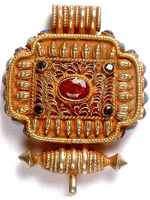 Tibetan Gau Box Gemstone Pendant (Ruby, Turquoise, Lapis Lazuli and Iolite)