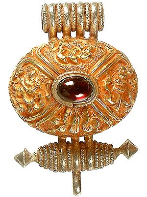 Tibetan Gau Box Pendant with Auspicious Ashtamangala Symbols and Garnet