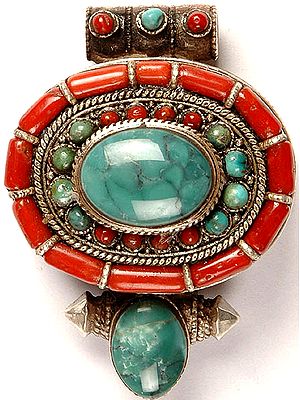 Tibetan Gau Box Pendant with Coral and Turquoise