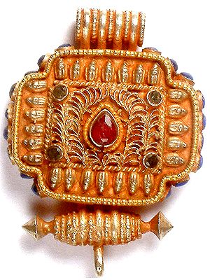 Tibetan Gau Box Pendant with Filigree and Gemstones (Faceted Ruby, Emerald and Lapis Lazuli)