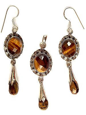 Tiger Eye Oval Pendant with Earrings Set