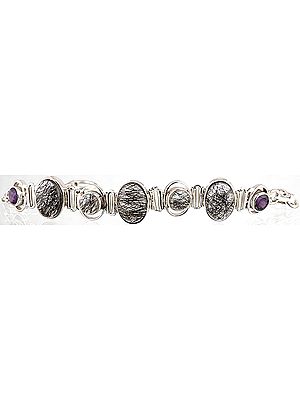 Tourmalinated Quartz Bracelet with Faceted Amethyst
