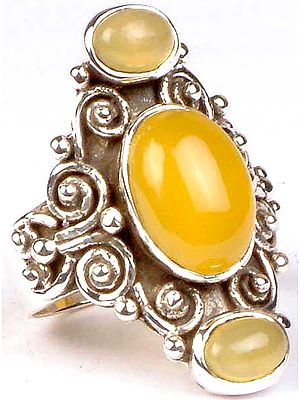 Triple Stone Yellow Chalcedony Ring