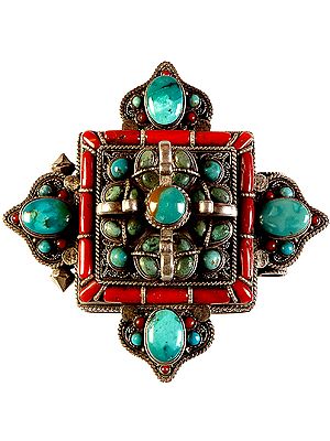 Turquoise and Coral Gau Box Pendant