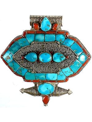 Turquoise Gau Box Pendant with Coral and Filigree