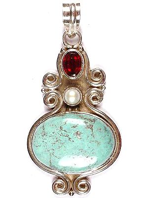 Turquoise Pendant with Pearl & Garnet