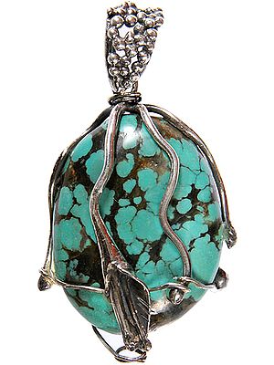Turquoise Pendant with Sterling Leaf and Veins