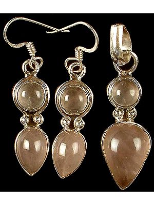 Twin Rose Quartz Pendant with Matching Earrings Set
