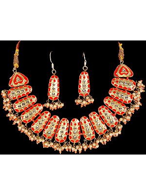 Vermilion and Gold Designer Necklace with Earrings Set | Lacquer Jewelry