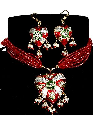 Victoria Cross Red Green Necklace with Matching Earrings