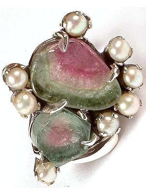Watermelon Tourmaline Ring with Pearls