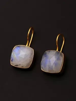 Cushion Shape Rainbow Moonstone Earrings