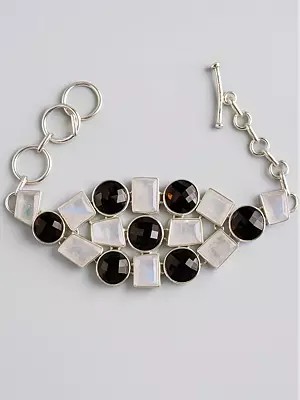 Faceted Rainbow Moonstone Bracelet with Smoky Quartz