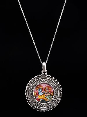 Round Shape Hand-Painted Seated Radha Krishna Pendant