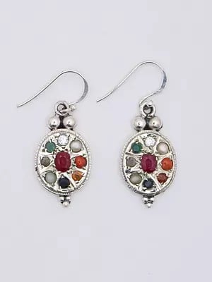 Oval Shape Navaratna Dangle Earrings