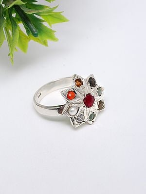 Navaratna Star Shape Sterling Silver Ring