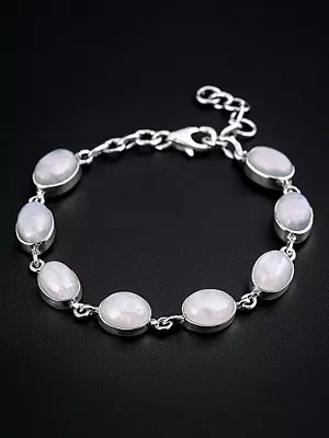 Rainbow Moonstone (Cabochon) Studded Sterling Silver Bracelet with Lobster Clasp