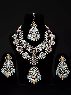 Multicolor AD Stone with Drop Beads Necklace with Earrings and Mangtika Set