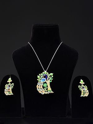 Designer Peacock Pendant and Earrings Set with Cubic Zirconia