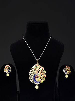 Designer Multicolor Peacock Pendant and Earrings Set with Ruby and Cubic Zirconia