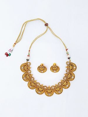 Traditional Goddess Laxmi Brass Necklace with Earrings Set