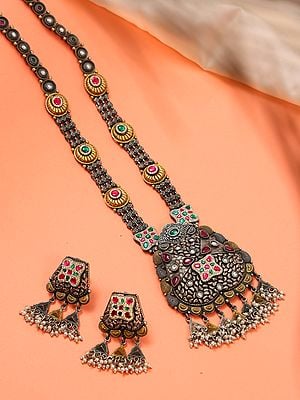 Stone Studded Long Necklace with Earrings Set