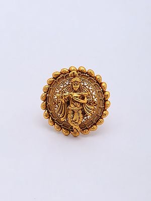 Fluting Lord Krishna Round Shape Brass Adjustable Ring