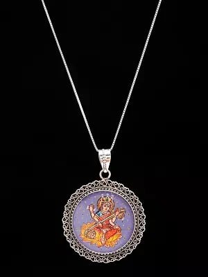 Round Shape Hand-Painted Goddess Saraswati Pendant