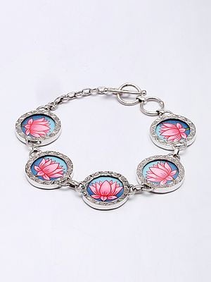 Hand-Painted Lotus Sterling Silver Bracelet