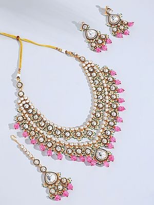 Kundan Studded Two Layer Necklace with Earrings and Mangtika Set