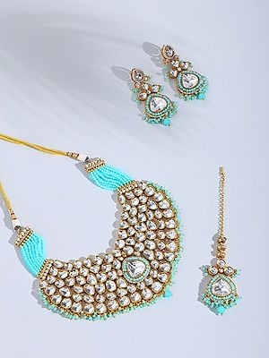 Kundan Studded and Beaded Necklace Set with Earrings and Mangtika